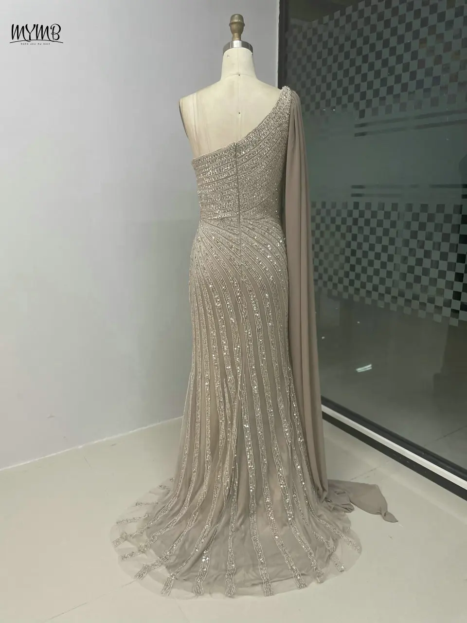 MYMB Elegant One Shoulder Cape Sleeve Champagne Evening Outfit for Women Party Gorgerous Beaded Mermaid High Split Long Dresses