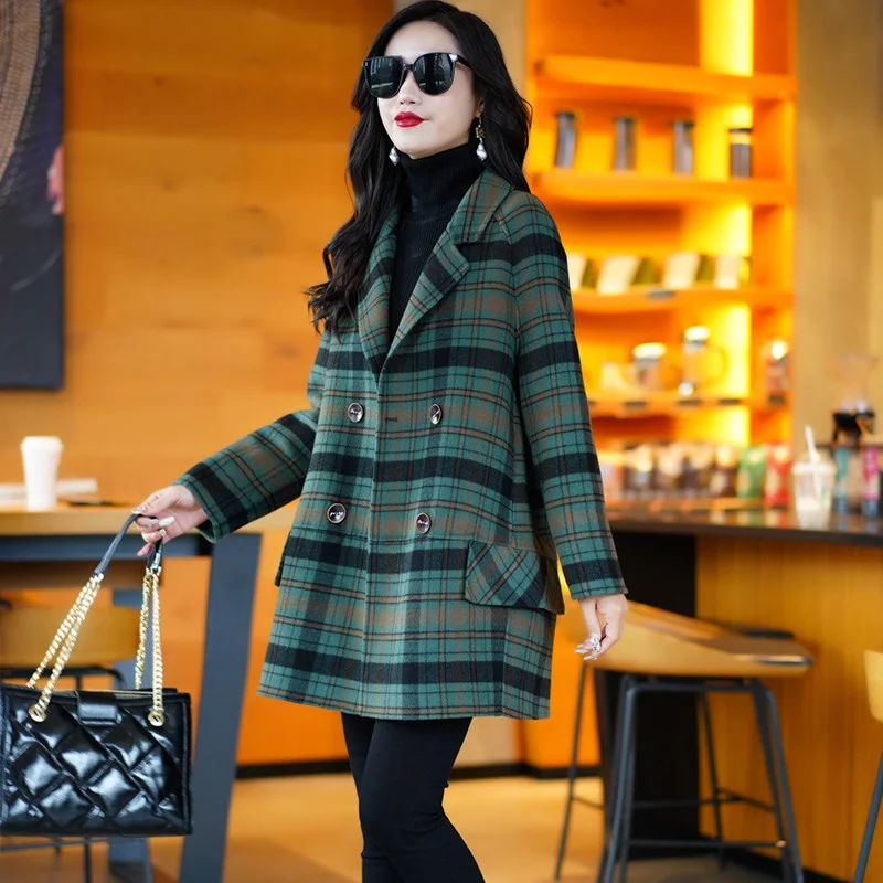 Green Plaid Woolen Coat For Women New Spring Autumn Double-Breasted Jacket High-End Woolen Blended Outerwear Female Tops