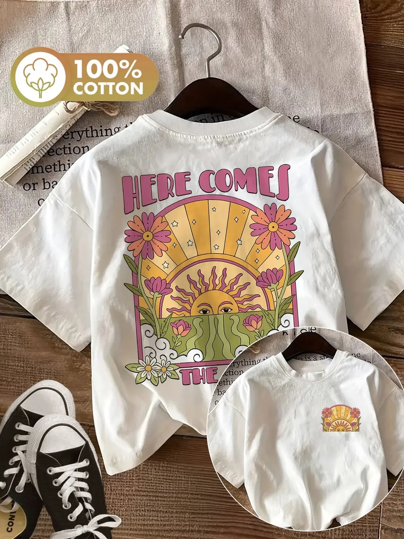 Retro Oversized „Here Comes The Sun“ mit Blumenmuster, 100 % Baumwolle, Damen-T-Shirt, lässiges Oberteil mit Rundhalsausschnitt und kurzen Ärmeln. – Detail 3