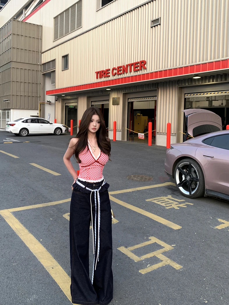 

Синие джинсы с высокой талией и широкими штанинами, женские летние повседневные свободные брюки в пол, универсальный стиль, элегантные, модные, с высокой талией