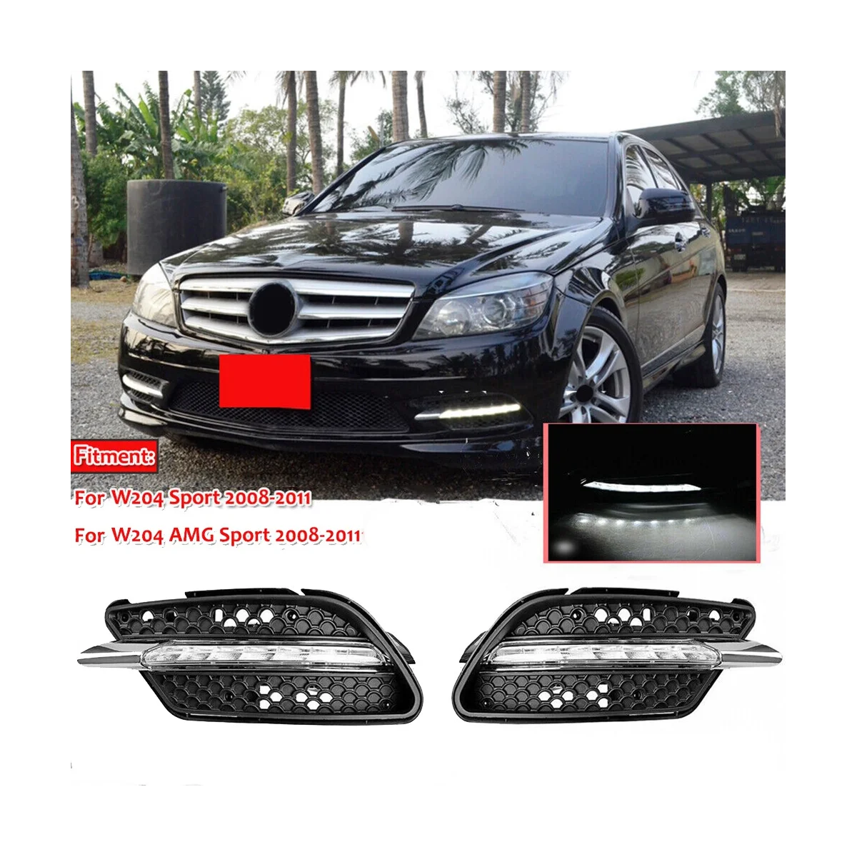 Lámpara LED antiniebla para coche, luz de circulación diurna DRL para Mercedes Benz W204 Clase C C300 2008-2011 derecha