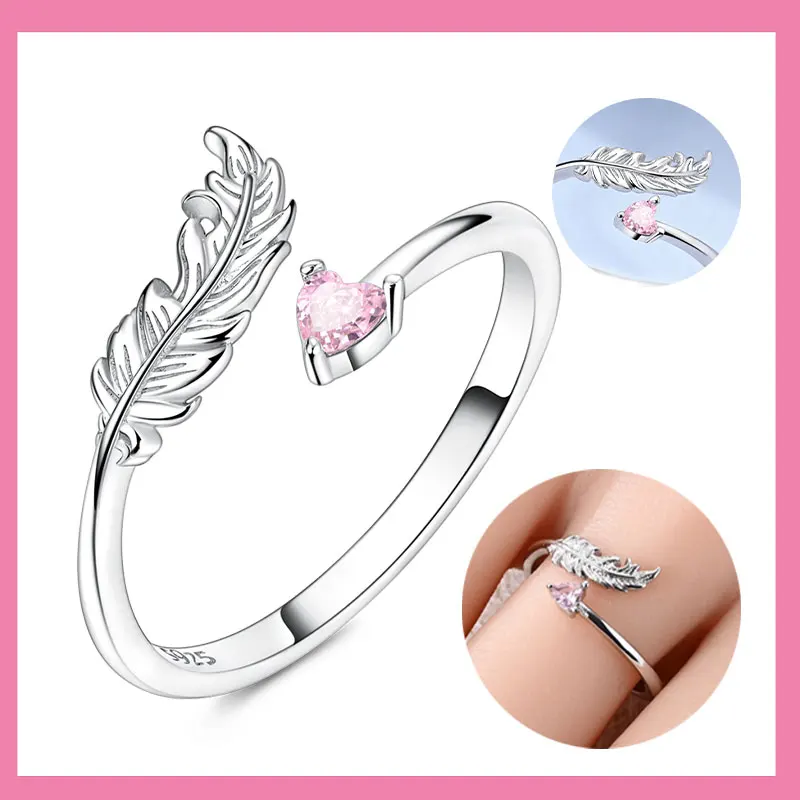 

925 Sterling Silver Original Pink Heart Feather Opening Ring，Women's Anniversary Gift Engagement Rings for Women Mens Jewelry