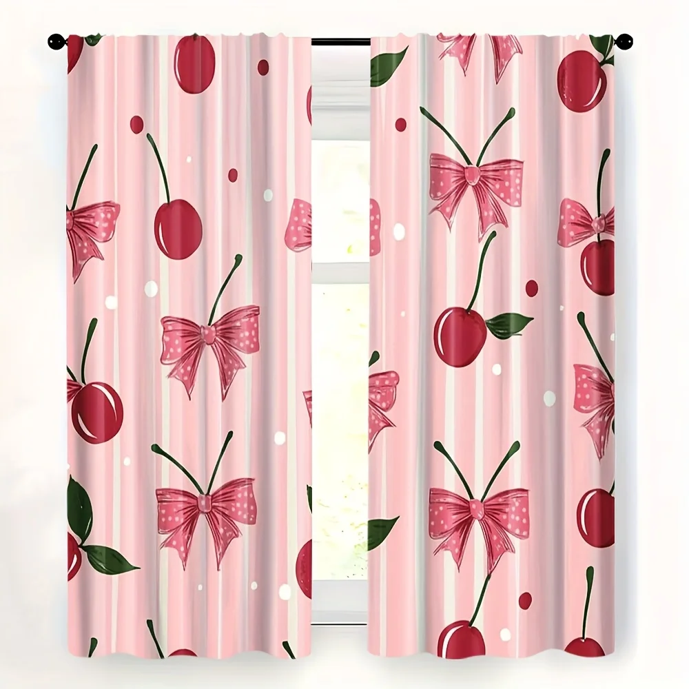 

2D FLAT 2pcs Curtains Cherry Bow Pink Polka Dot Pattern Perfect for Balcony, Bedroom, Study, Living Room, Suitable for Spring &