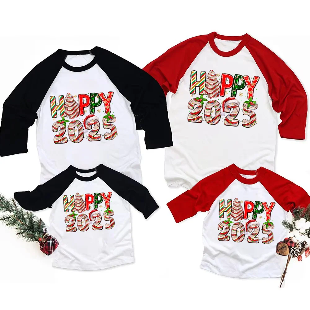 Hello 2025 Christmas Family Matching Shirts Outfits Adult Kids Shirt Family Clothes New Year Party Family Long Sleeve Tee