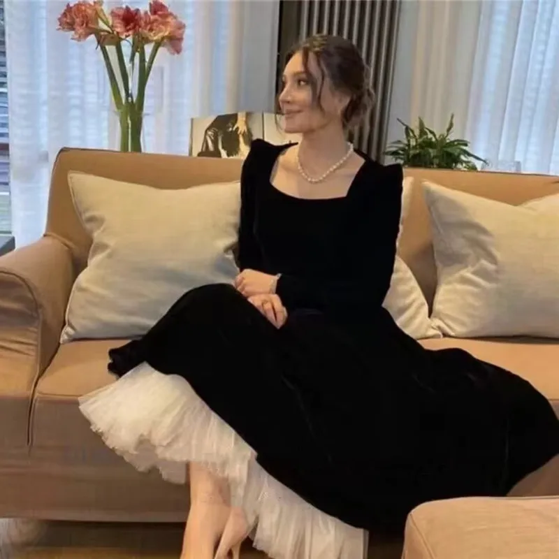 Customized Long Sleeves Gown for Women Party Elegant Square Neck Prom Dresses Black Velour Ivory Tulle Evening Dress A Line