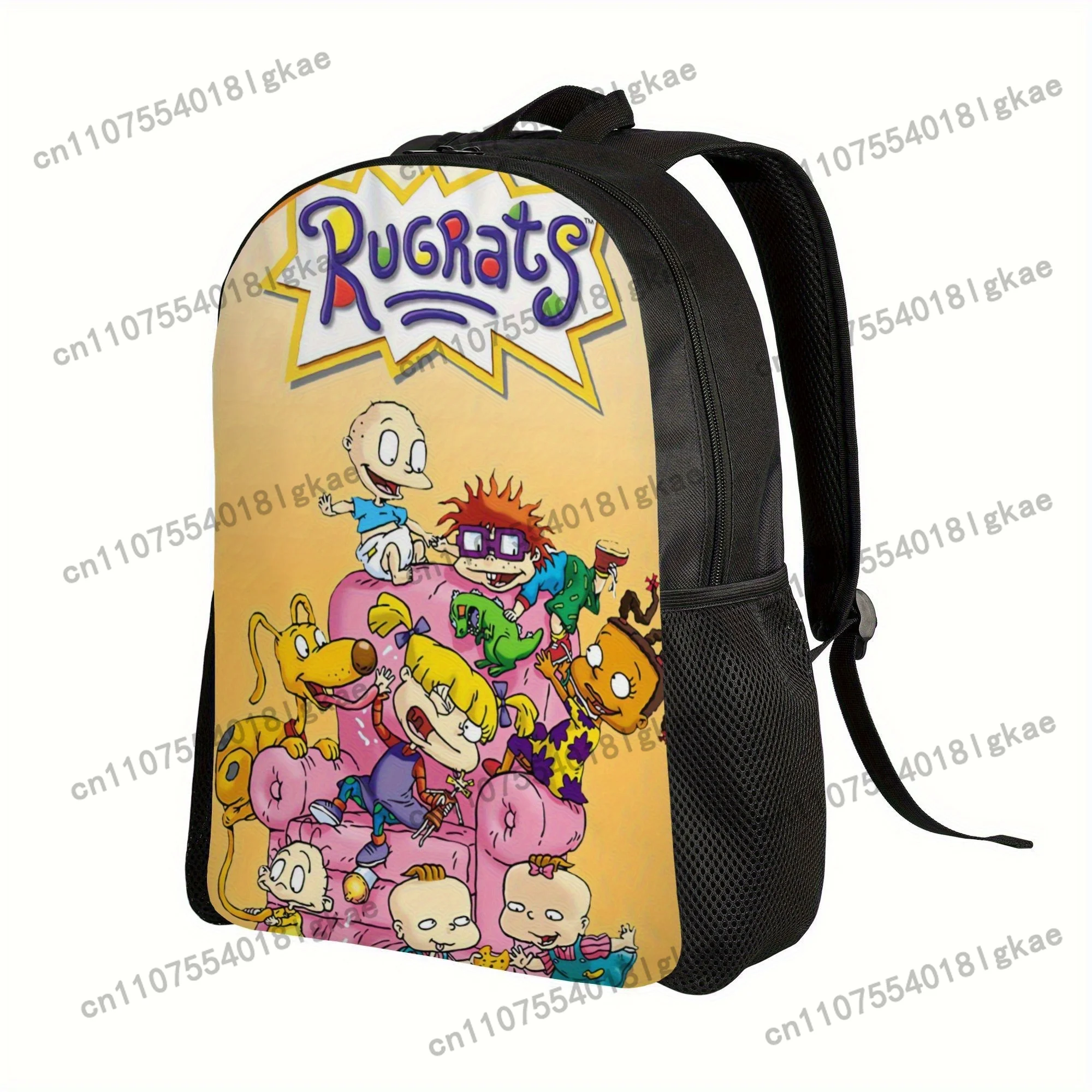 Rugrats Backpack- Vibrant Cartoon Design with Angel and Tommy Pickles, Black Shoulder Straps, Perfect for Coffee Runs, Classroom
