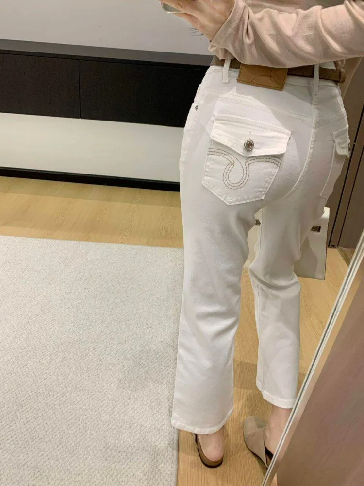 High Waist Slimming Loose Fit Nine-Tenths Flared Jeans Women's Thin Style Commute Korean Version Straight Leg Pants