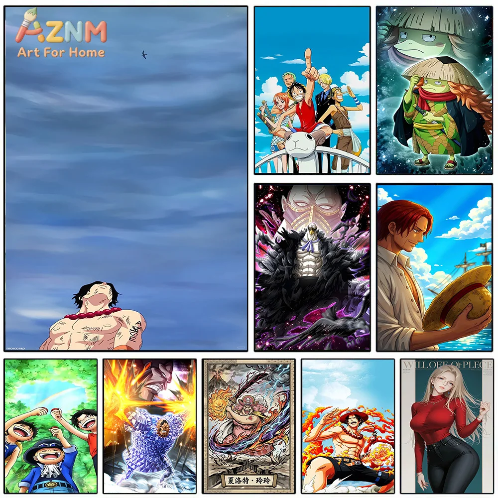 AZNM Lienzo Decorativo de Anime One Piece, Portgas D. Ace, Shanks, Big Mom, Tripulación Sombrero de Paja, Impresión HD, Lienzo sin Marco para Decoración del Hogar y Dormitorio