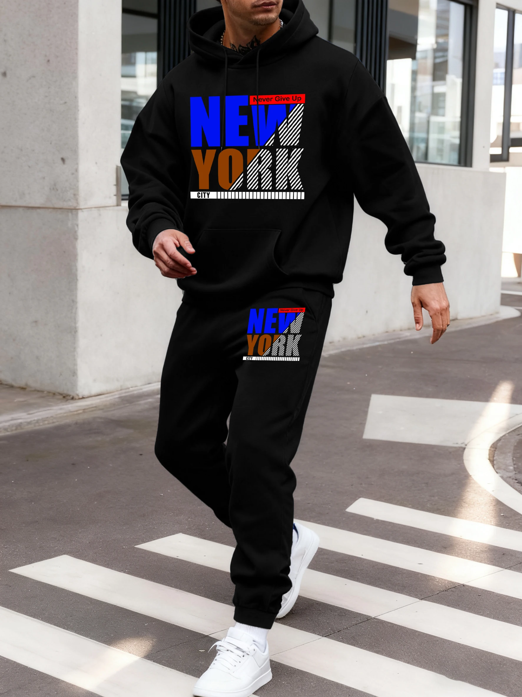 

Never Give Up New York City Print Fashion Basic Hoodie Men'S Set Pocket Soft Clothes Casual Fleece Sweatpant Street Jogging Pant