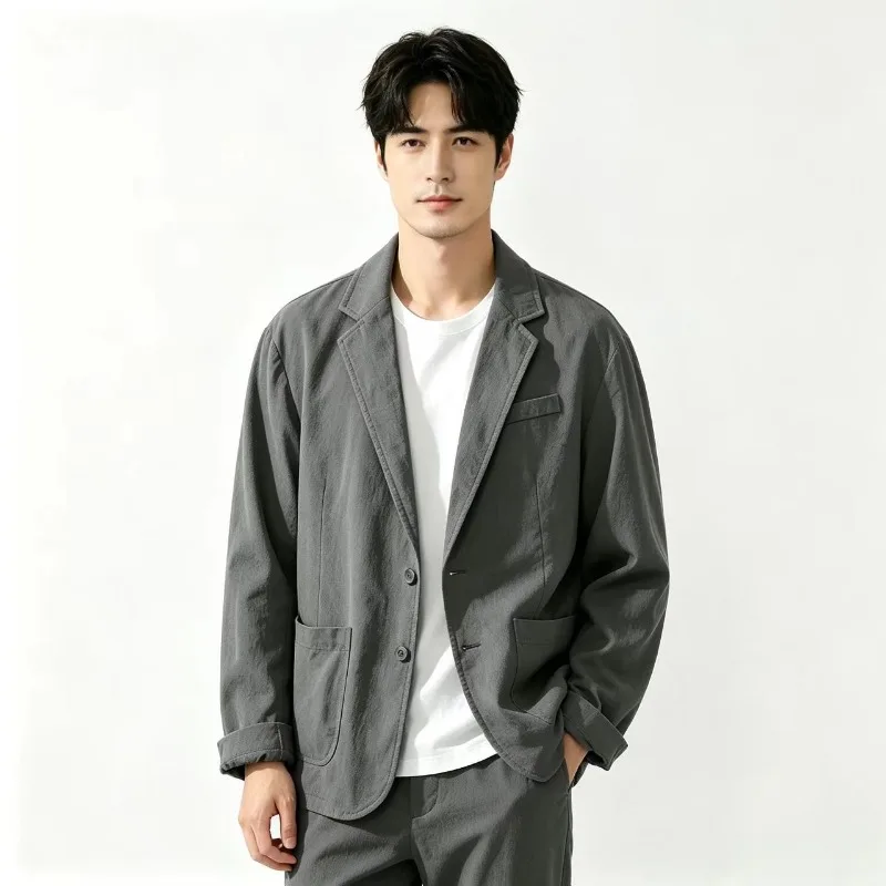 Herren-Blazer aus lockerer 100% Baumwolle, einreihige, lässige Anzugjacke mit Revers, atmungsaktiver, einfarbiger Mantel für den täglichen Gebrauch, für die Straße und den Urlaub. – Detail 2