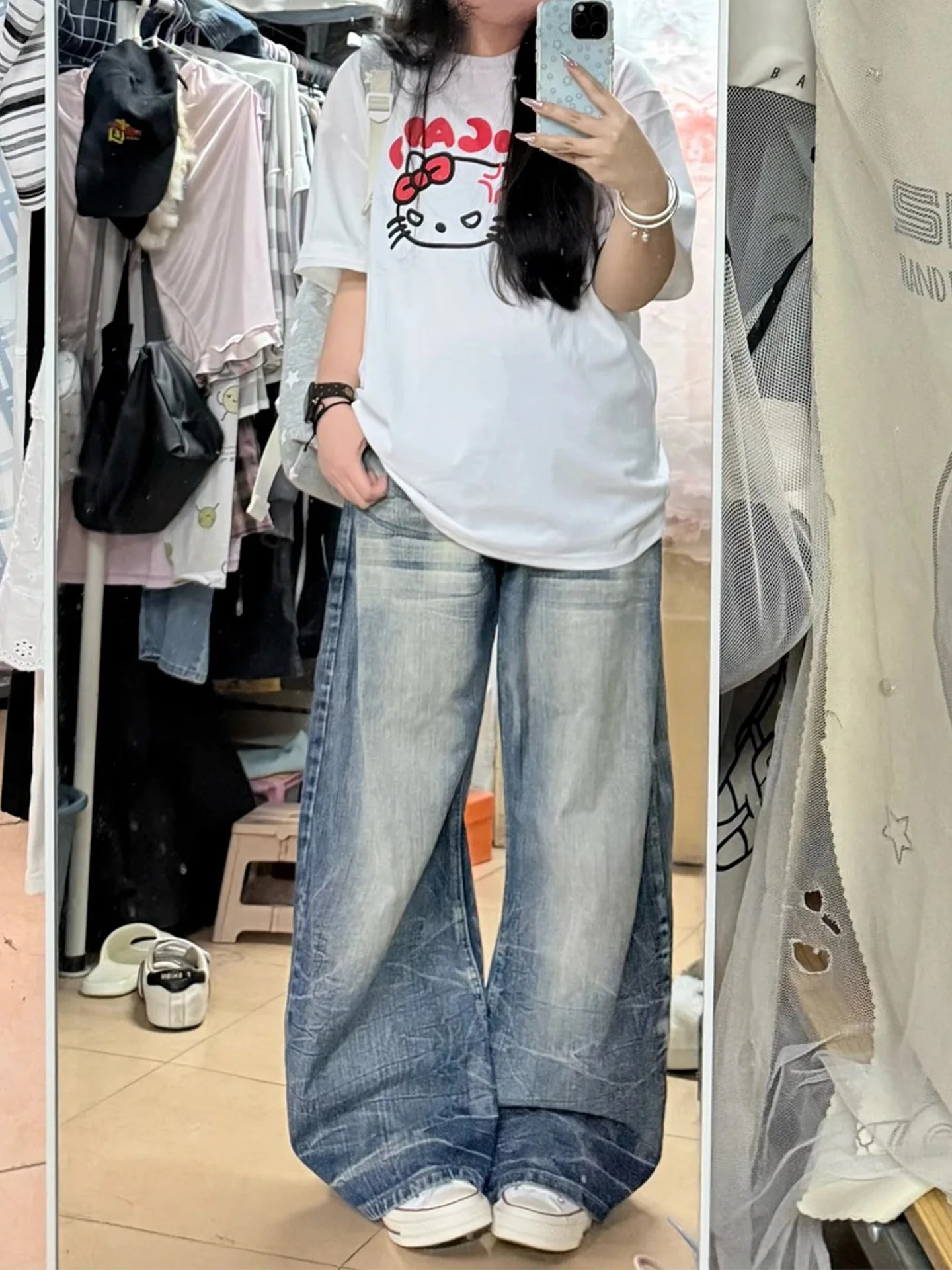 

Женские джинсы с высокой талией и широкими штанинами, винтажные, в американском стиле, летние, новые, свободного кроя, повседневные, прямого силуэта