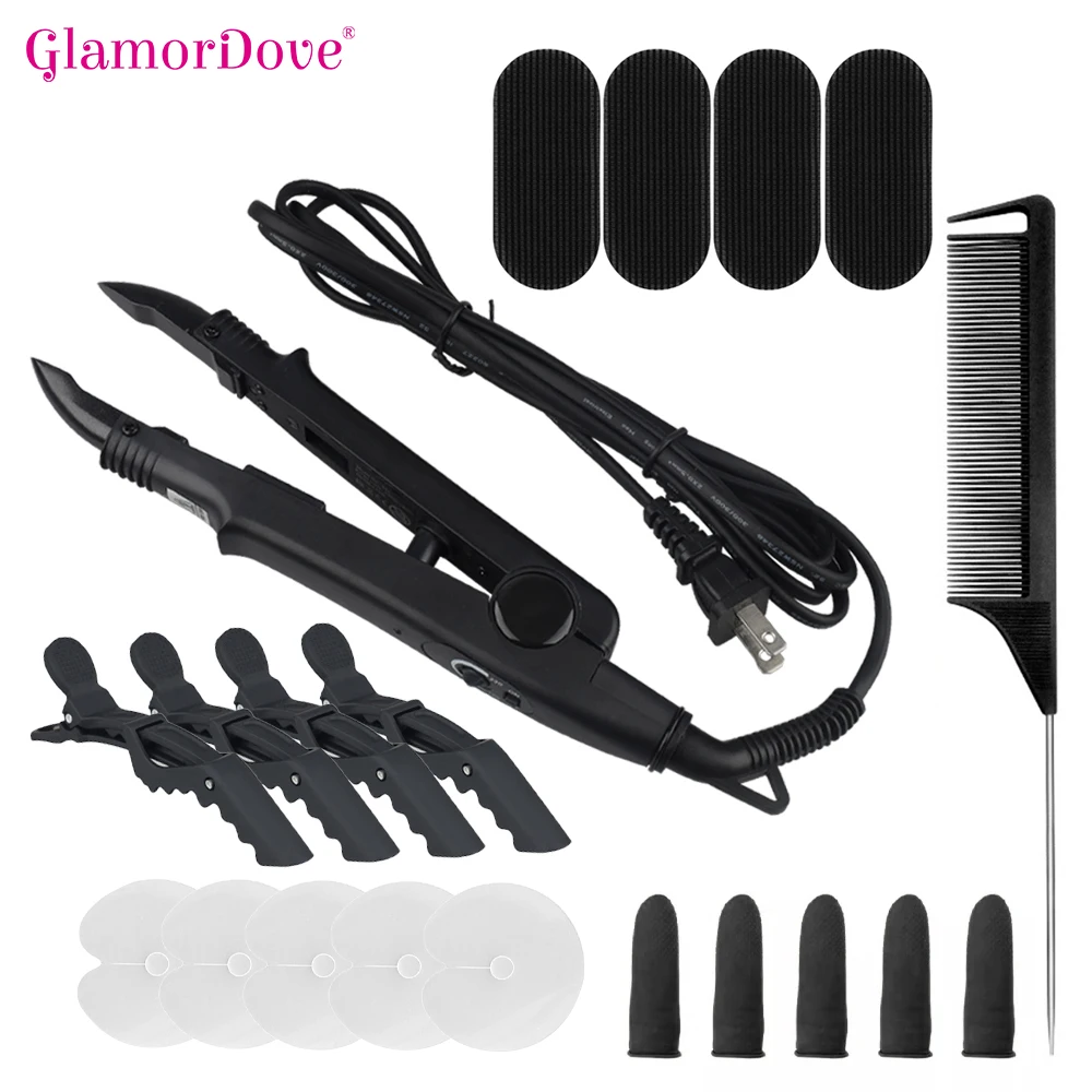 GlamorDove-Kit de herramientas de extensión de cabello de queratina, protector térmico de hierro, Clip y peine para secar el cabello