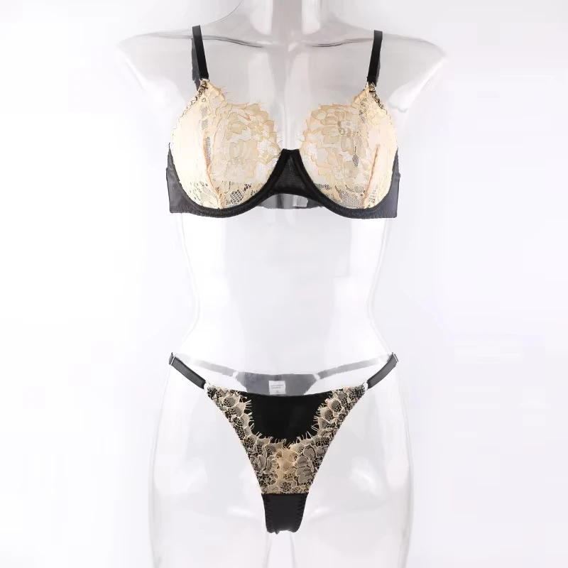 Bikini lace color-blocked underwire single-layer semi-transparent bra and thong set