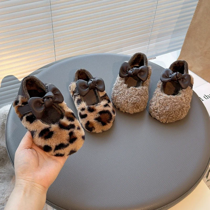 Kids Shoes Winter Toddler Girls Fashion Princess Flats Baby Children Brand Loafer Children Warm Fur outdoor Pearls Bow Soft Sole