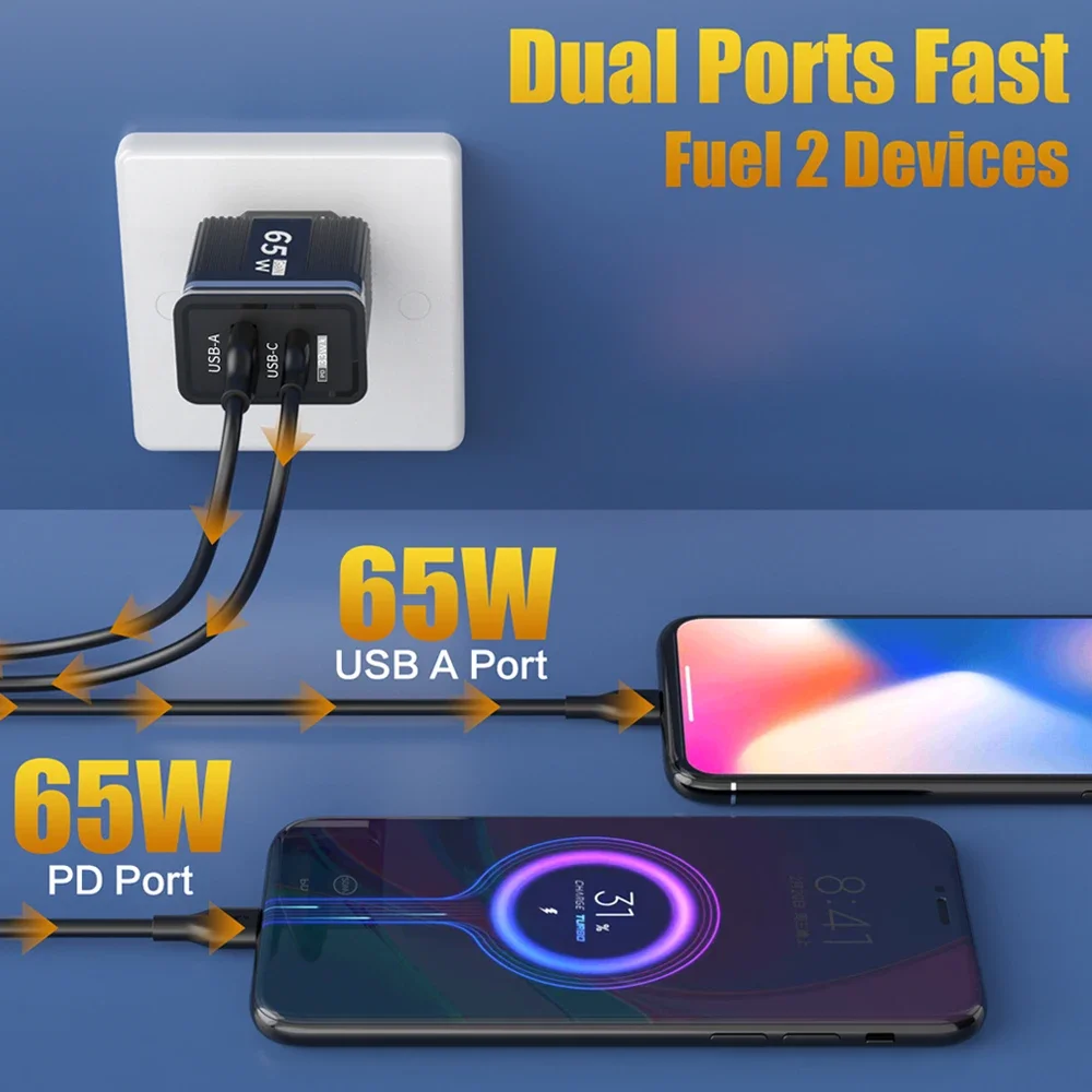 GaN 65W USB PD Charger Quick Charge 3.0 Mobile Phone Wall Charger Adapter USB C Fast Charging For iPhone Pro Max Xiaomi Samsung