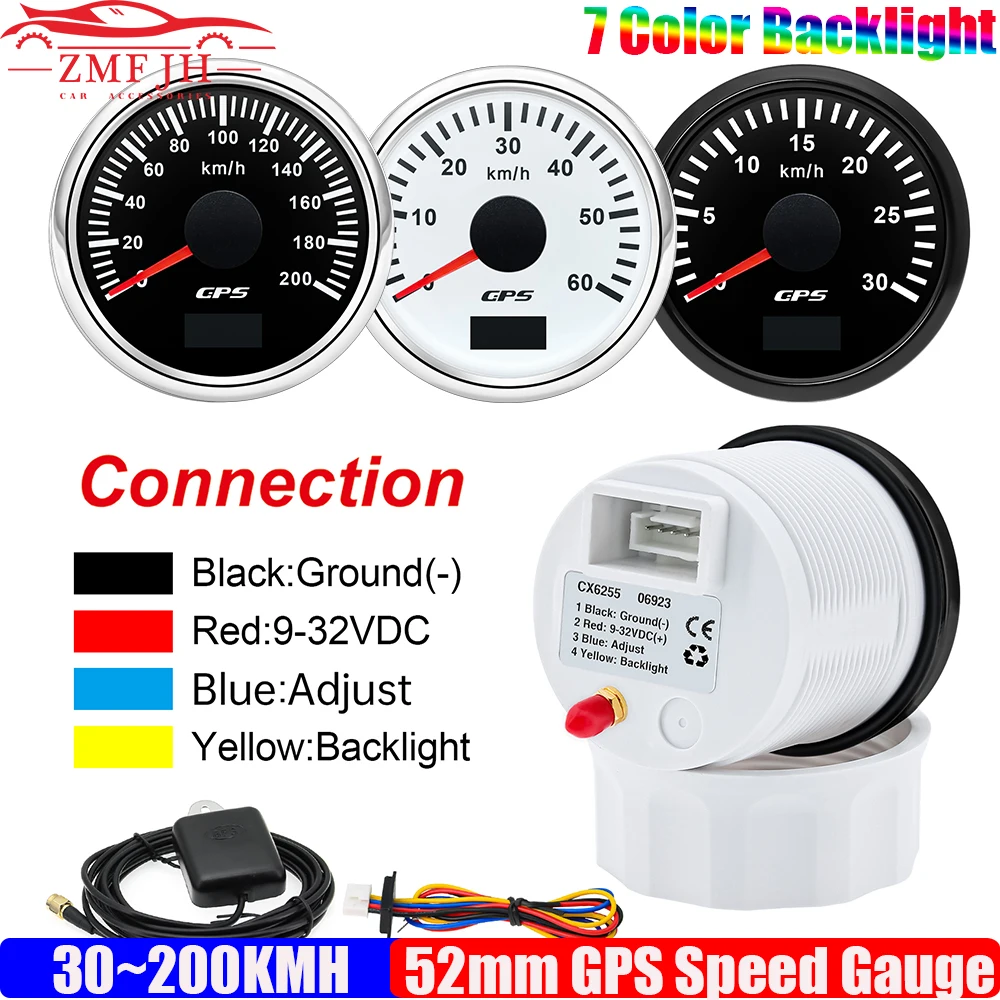 30KMH,60KMH,80KMH,120KMH,200KMH GPS Speedometer Gauge with Antenna 7Color LED 52mm Speed Meter for Marine Boat Car 12V24V Custom