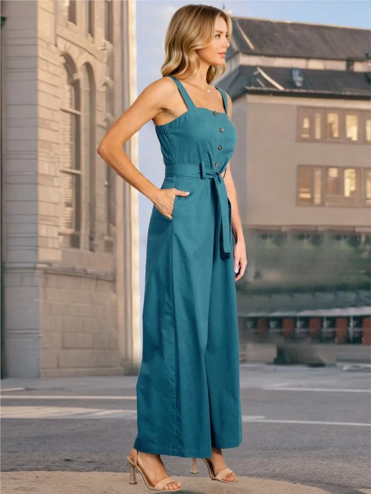Elegant Plus Size Women's Jumpsuit Loose Sleeveless High Waist Belted Bib Overalls Wide Leg Casual Office Daily Romper Summer