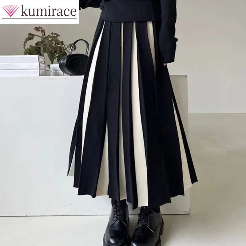 

Autumn/Winter Knitted Skirt for Women 2025 Autumn High Waist Color Blocked Medium Length Pleated Skirt Half Length Skirt Skirts
