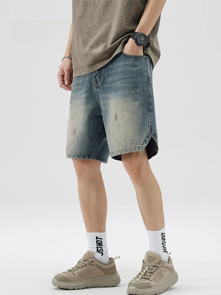 

MMOPTOP American Retro Washed Denim Shorts Men's Loose Five-Point Summer Trendy Pants Casual Straight Leg Loose Fit