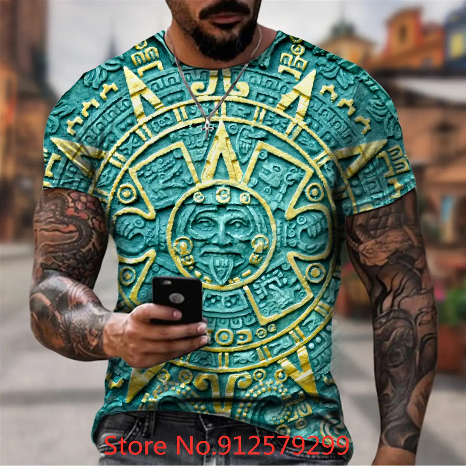 2022 Novelty Men\'s T-Shirt Casual Mexico Aztec Calendar 3D Printed T Shirts for Men Short Sleeve Tee