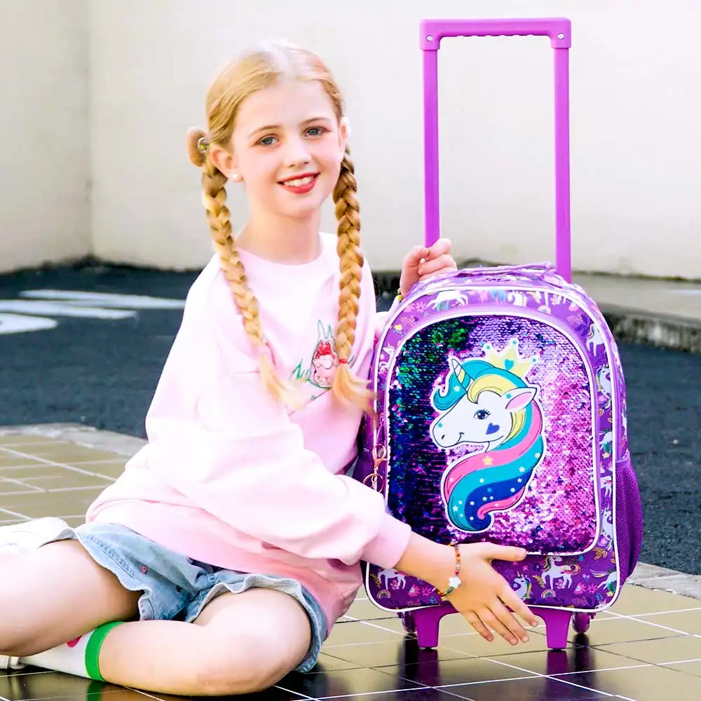 3-Piece Rolling Backpack for Girls and Children Roller Bag with Lunch Bag and Pen Bag Design of Unicorn Pattern Luminous Functio