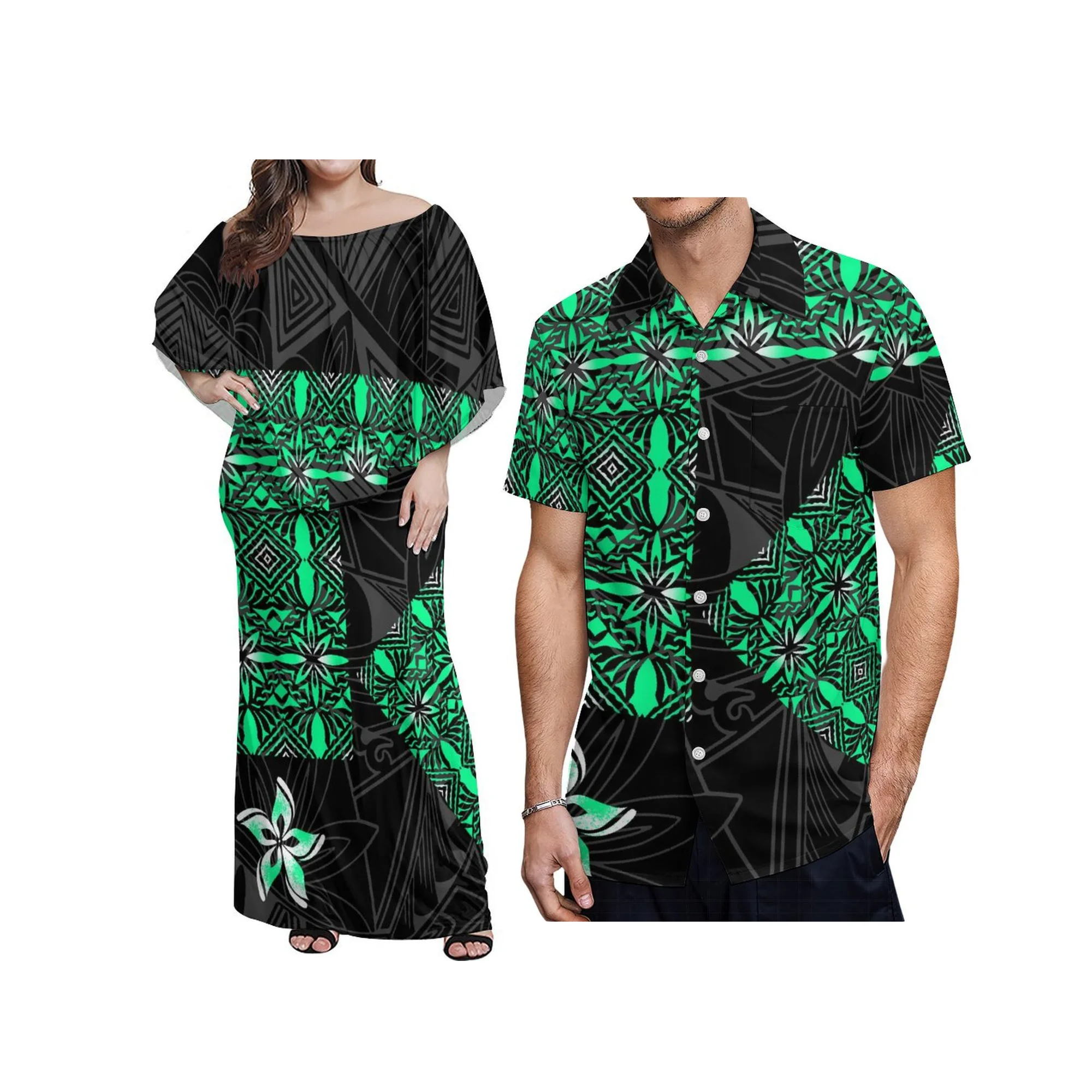 New Custom Hawaii Flower Print Polynesian Tribal Ruffle Off Shoulder Dress Casual Wing Ladies Long Ponchos Party Dress