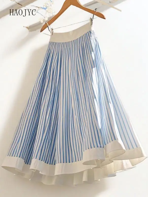 2025 Mori small man new high waist and thin summer temperament high beautiful blue skirt stripes