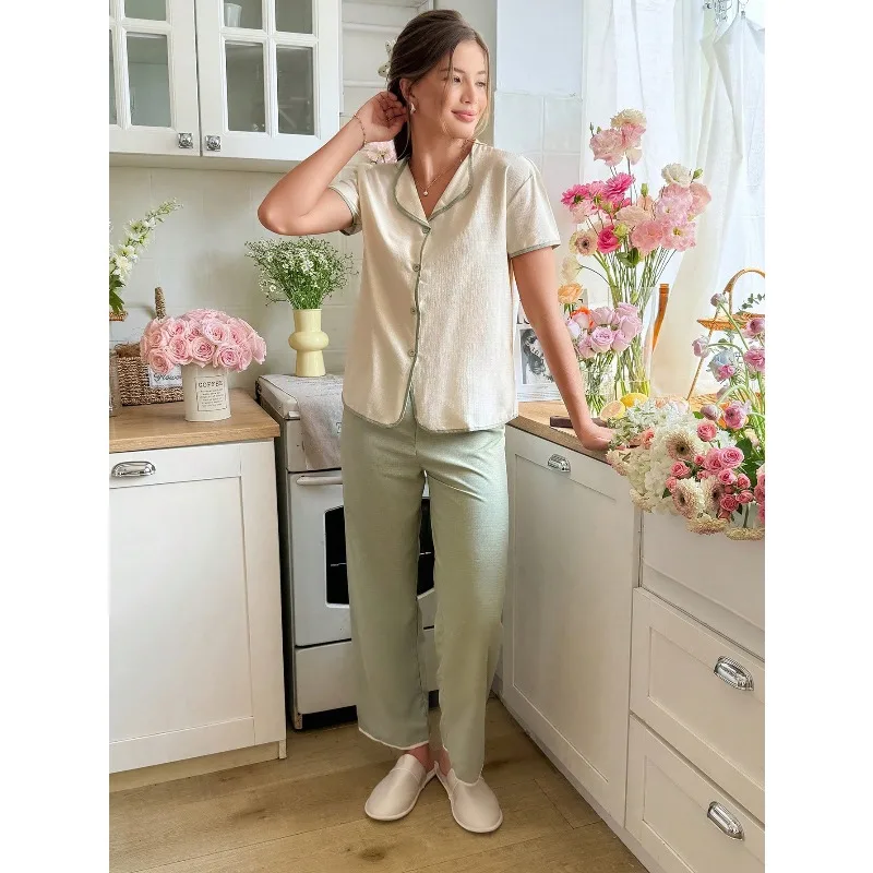 

Women Ribbed Trim Single-Breasted Short Sleeve Top And Pants Pajama Set Lounge Set