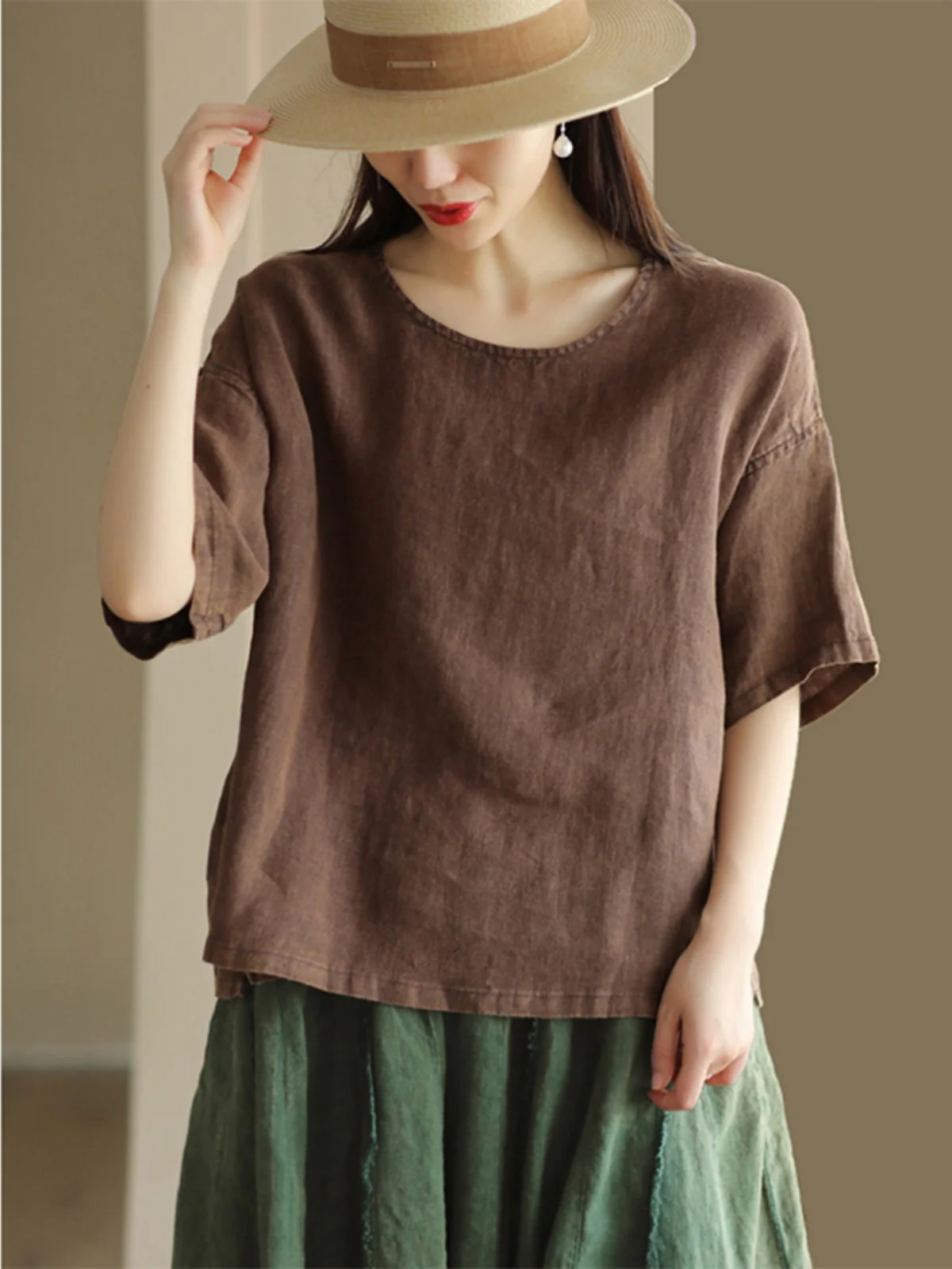 Camiseta informal holgada de algodón y lino ort Sve para mujer, Top redondo cómodo que combina con todo, Top Vintage Sle de verano