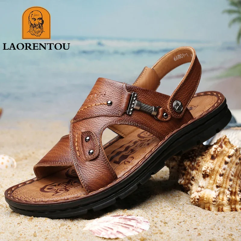 LAORENTOU leather male sandals casual beach shoes wear non-slip sandals and sliers cowhide