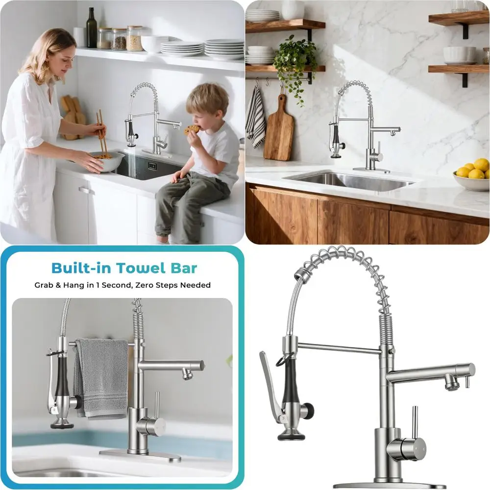 

Commercial Brushed Nickel Single Handle Kitchen Faucet with Pull-Out Spray and Dual Stainless Steel Spouts