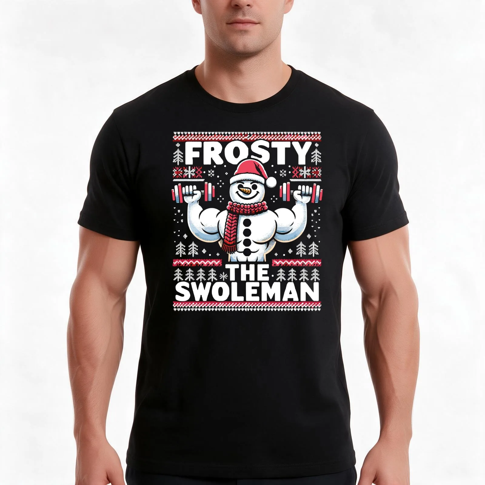 Frosty The Swoleman - Ugly Sweater Snowman Pun Fitness Humor T-Shirt, Summer Casual Cotton Tee, Oversized Streetwear Tops
