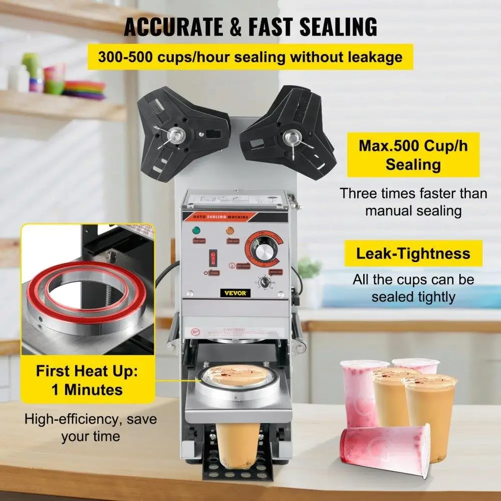 Semi-Automatic Cup Sealing Machine 300-500 Cups per Hour for bubble Milk  90/95mm Cup Diameter with Control Panel