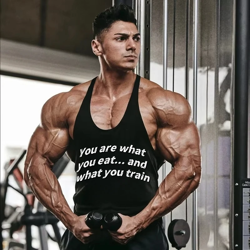Rompi Gym Stringer Pria "Kamu adalah apa yang Anda makan dan apa yang Anda melatih" Tank Top Binaraga Motivasi