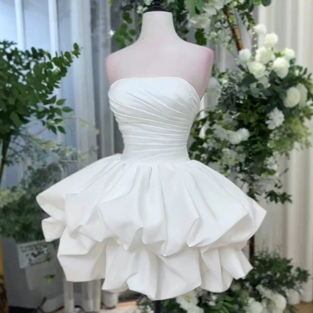 Strapless Satin Short Wedding Dress Ruched Bodice Ruffle Mini Bridal Gown White Puffy Skirt Homecoming Party Dresses For Women