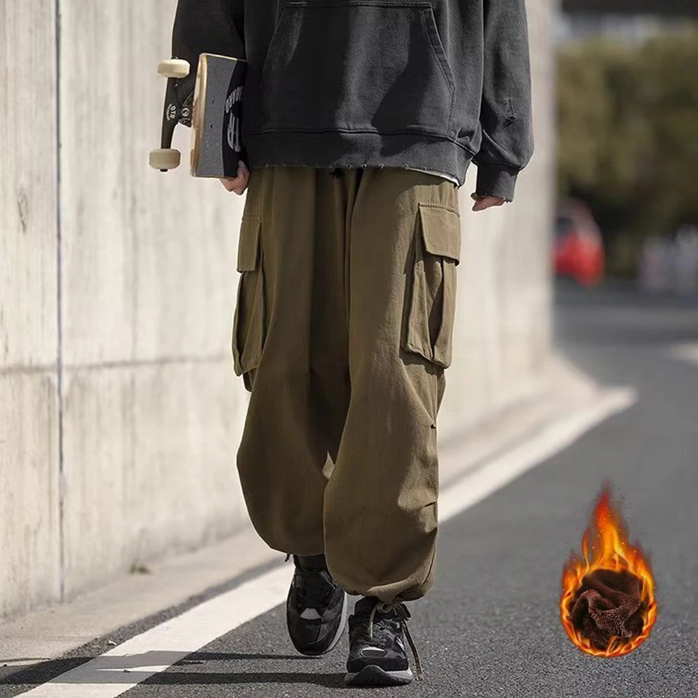 Large Size Menswear Casual Pants Invisible Open Crotch Outdoor Sex Overalls Men's High Street  Autumn Winter Thickened Loose