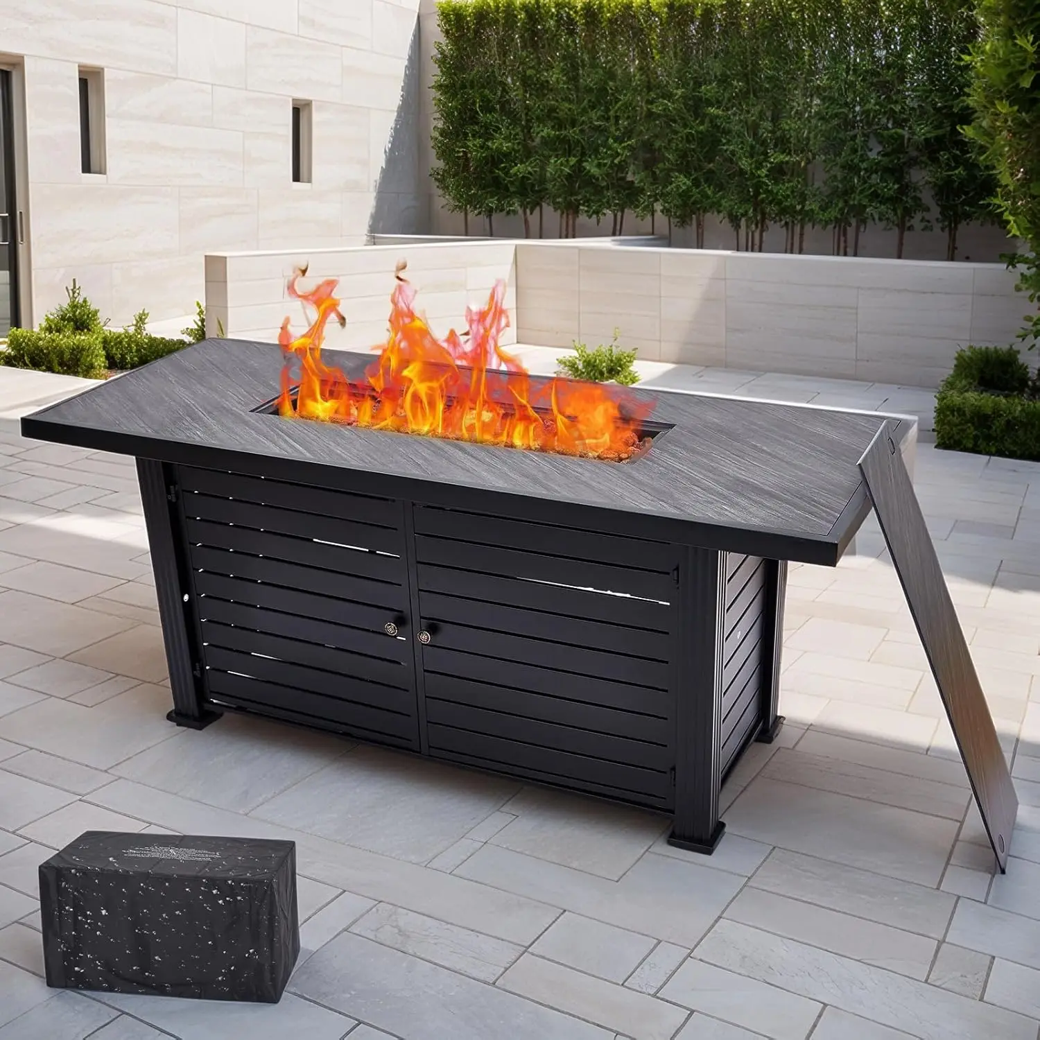 57 Inch Propane Fire Pit Table, 50000BTU Outdoor Gas Fire Pits Rectangular with Rain Cover, Sturdy Steel and Iron Fence Surface,