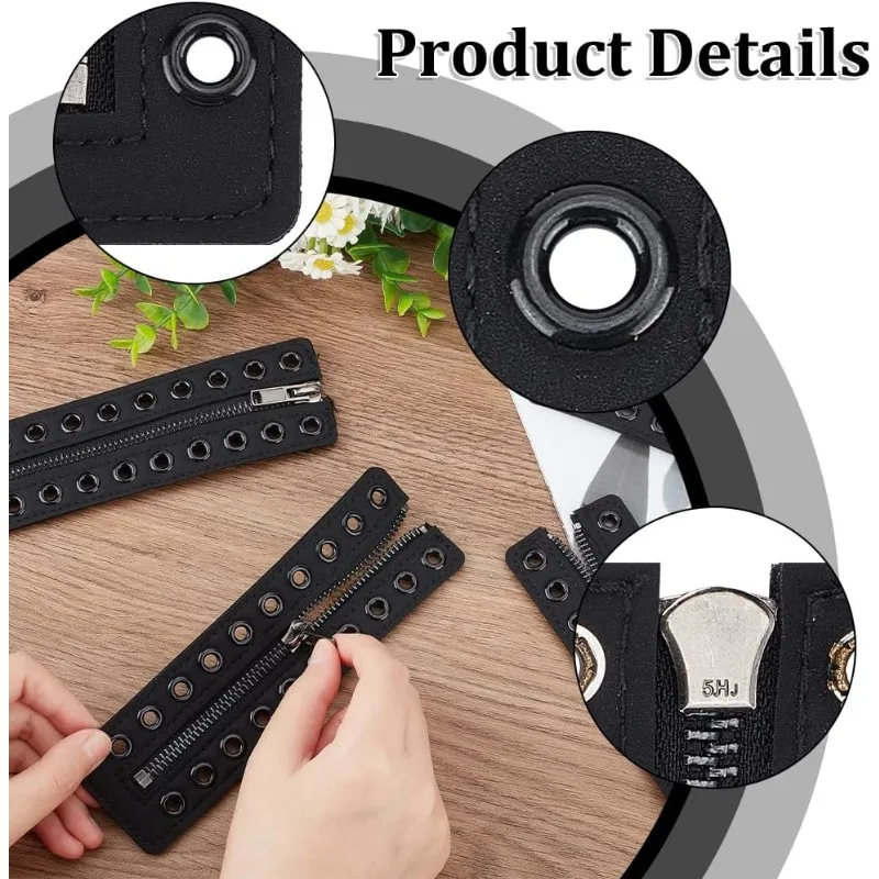 2 Pairs Leather Lace-in Boot Zipper Inserts, 6.9 x 2 Inch Eyelets Zipper Boot Laces 10 Holes No Tie Shoe Laces for Adults Men