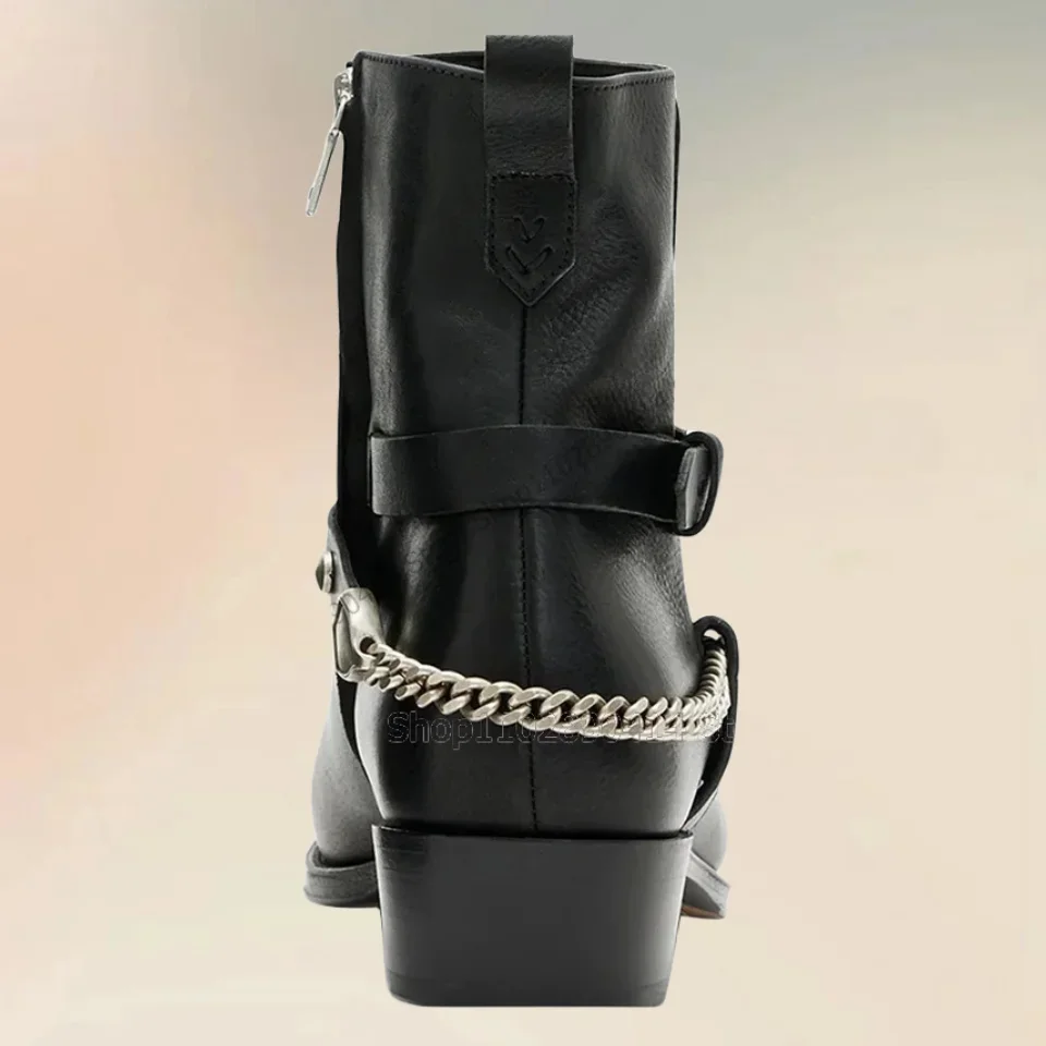 

Black Metal Chain Belt Fastener Decor Mid Calf Boots Fashion Side Zipper Men Boots Luxury Handmade Party Office Men Dress Shoes
