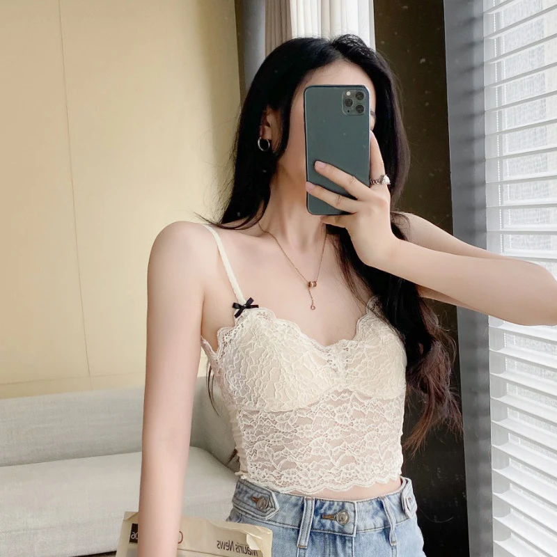 Sexy V-Neck Bowknot Fashion Lace Slimming Camisole For Women With Chest Pad