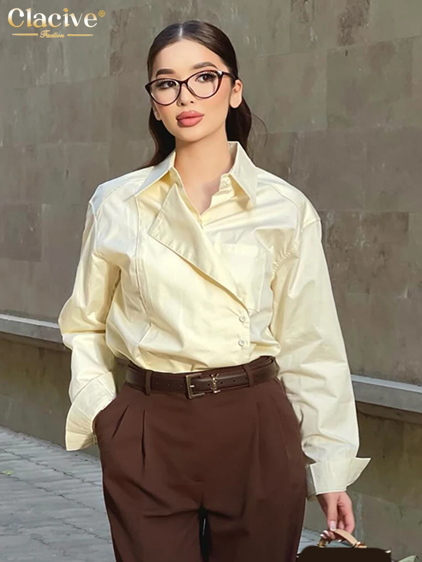 

Clacive Fashion Loose Yellow Cotton Women's Blouse Casual Lapel Long Sleeve Lady Shirt Elegant Classic Solid Top Female Clothing