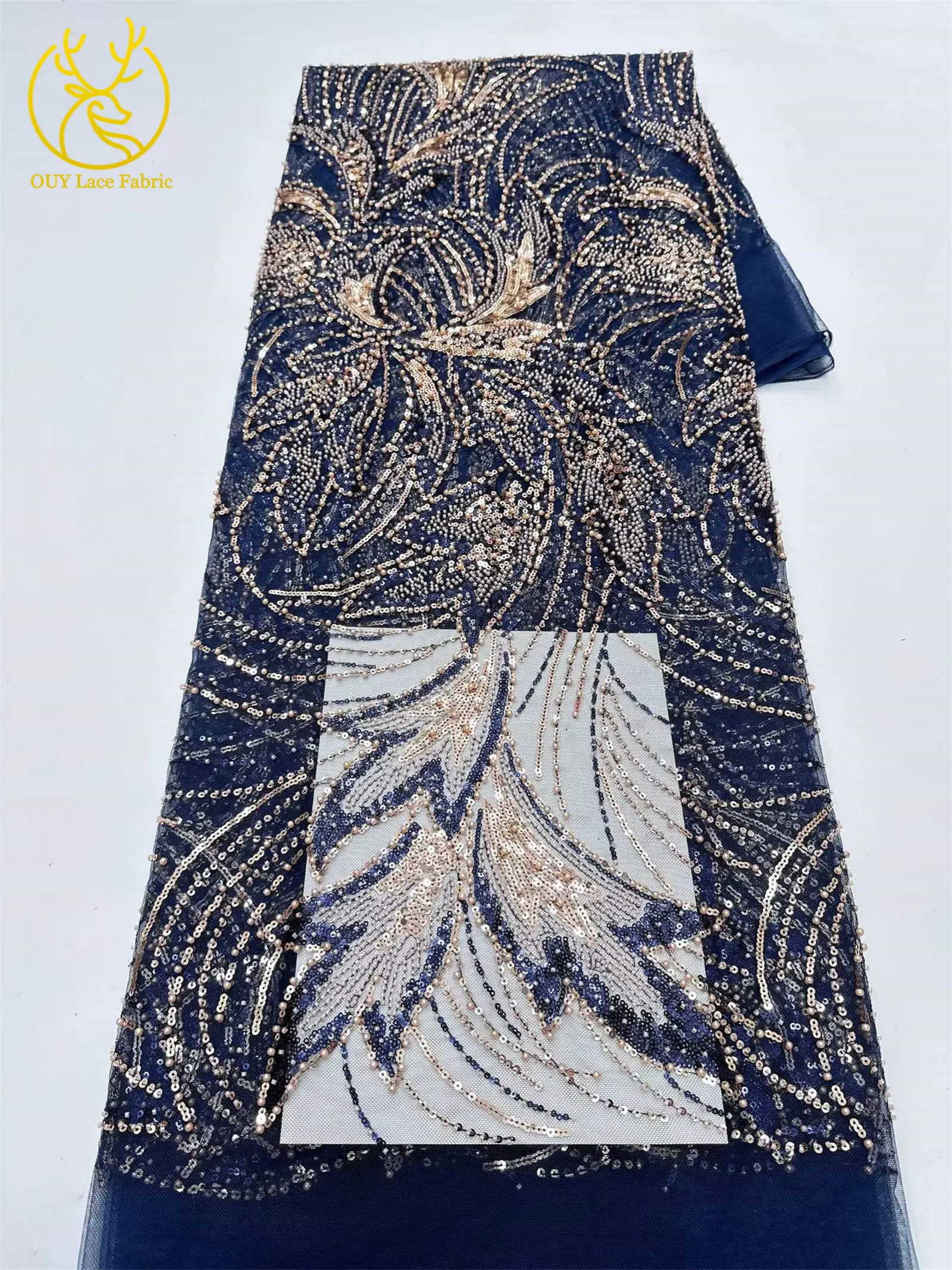 Tela de encaje con cuentas nigerianas al por mayor, tela de encaje de malla con lentejuelas africanas francesas de moda 2026 para costura de vestidos de fiesta nupcial, 5 yardas