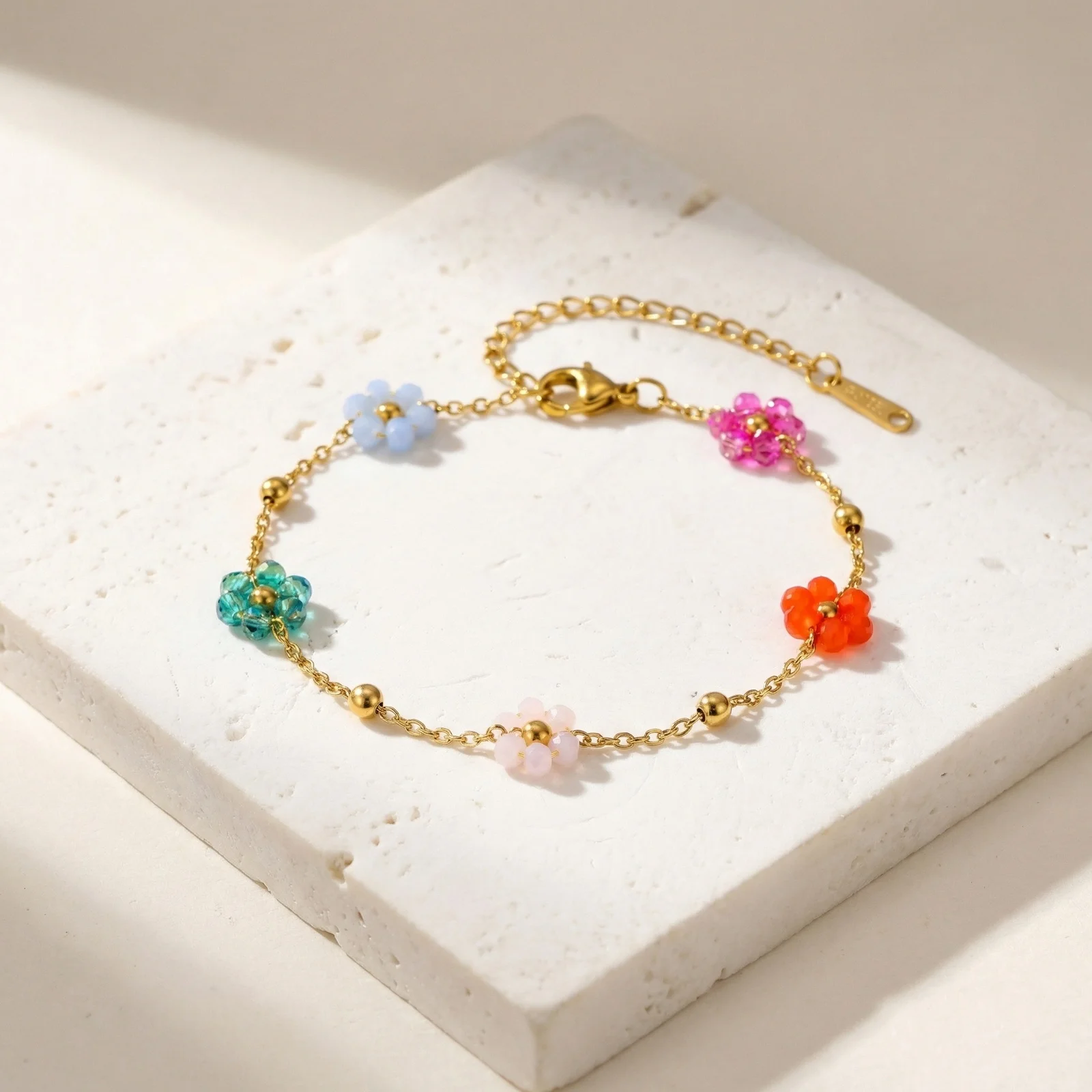 

Stainless Steel Colorful Flower Beaded Bracelet, Gold Color Adjustable Dainty Floral Chain Bracelet for Women