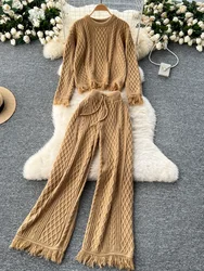 French Retro Tassel Knitted 2 Piece Set Women Loose Knitting Sweater+High Waist Drawstring Slim Wide Legs Pants Casual Suits New