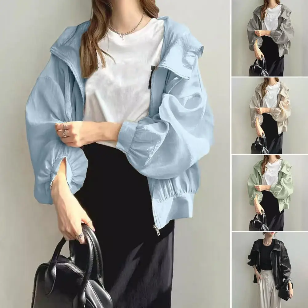 2026 Summer Light Transparent Hooded Zipper Sunscreen Jacket Women Loose Silhouette Thin Long Sleeve Jacket Female