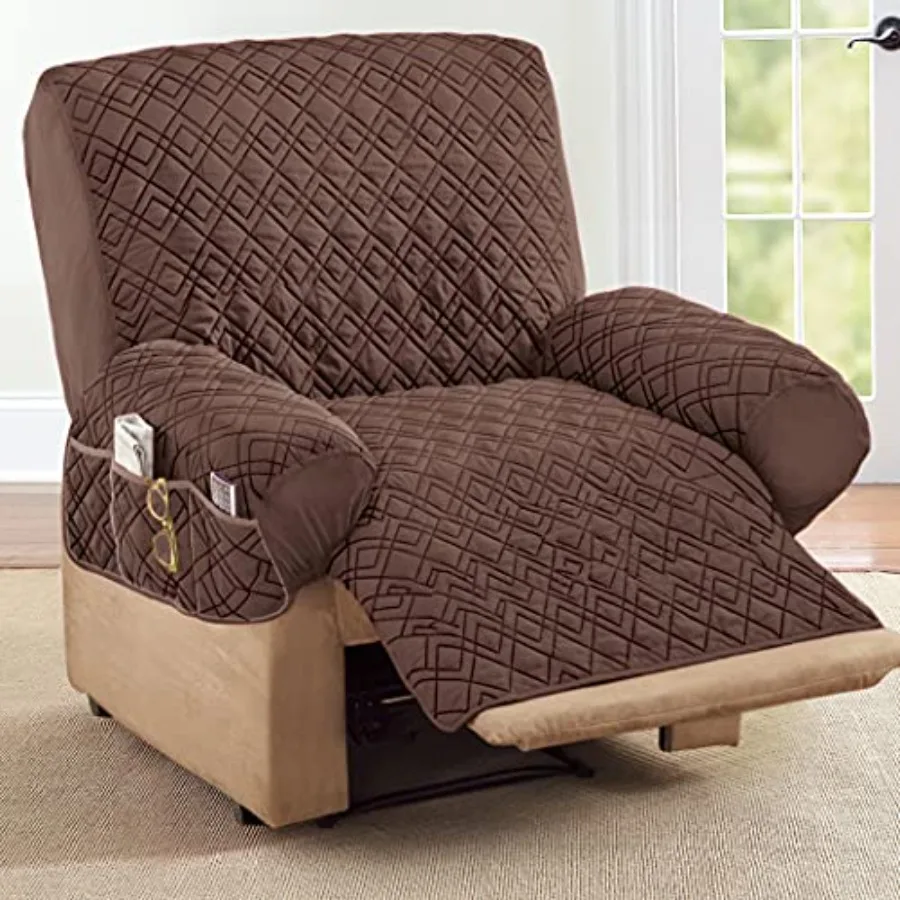 Diamond-Shape Quilted Stretch Recliner Cover with Storage Pockets and Elastic Straps - Furniture Protector, Chocolate, Recliner