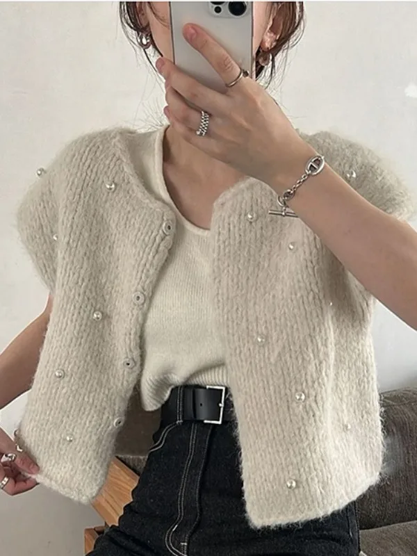 

Chic round Ne Knitted Vest Outerwear Women's Loose Fit Decorative Beads Autumn Winter Faion Commute Sle No Brand