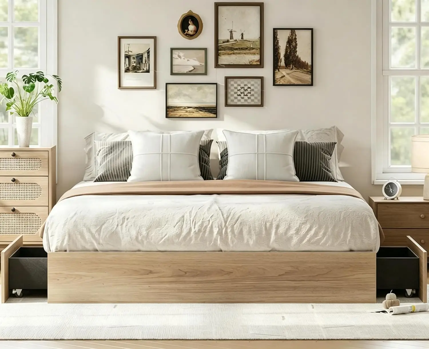 Full Bed Frame with 2 Storage Drawers,Wooden Floor Bed Frame