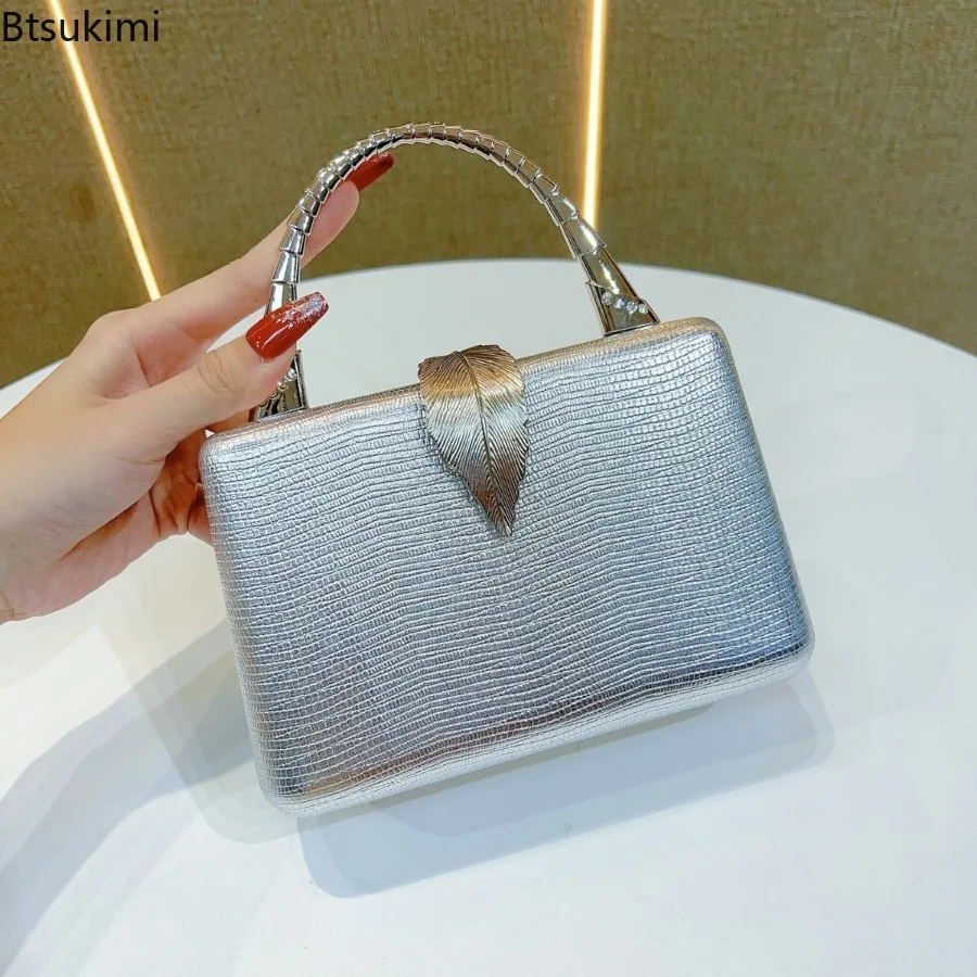 New Women's Fashion Leaf Buckle Design Box Dinner Clutch Bag Elegant Chain Handbags Evening Dress Bags Party Prom Clutch Purses