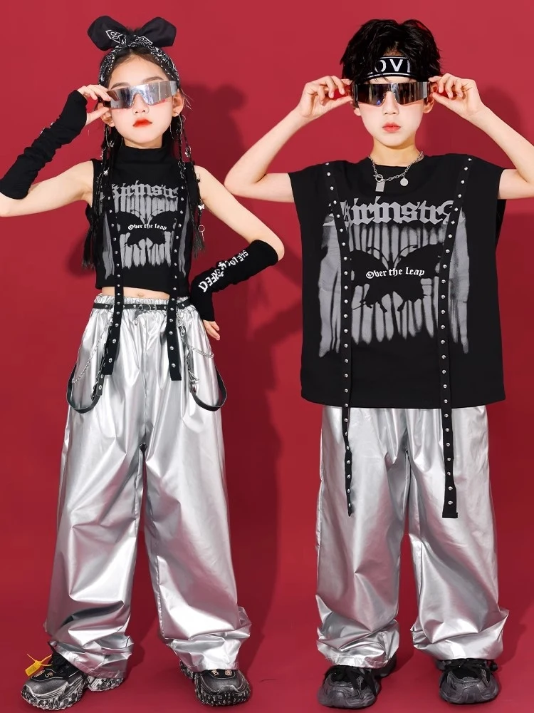 

Cool Kids Hip Hop Clothes Black Punk T Shirt Silver Pants Girls Boys Street Dance Costume Summer Jazz Performance Suit BL15858